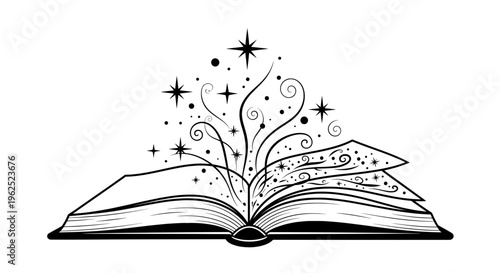 Open book with whimsical tree branches and scattered stars