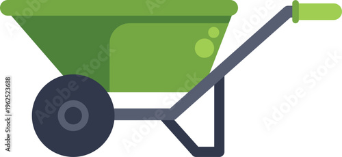 Green wheelbarrow transporting materials for gardening, farming, and building