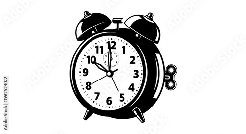 Classic black and white alarm clock with twin bells and keyhole