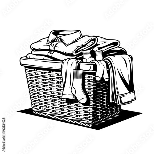 Black and White Illustration of a Laundry Basket Full of Clothes