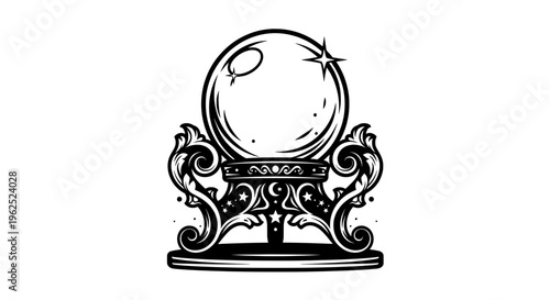 Ornate crystal ball with star motif on scrollwork pedestal