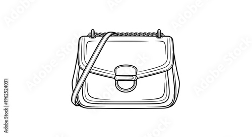 Minimalist line drawing of a leather handbag with strap and buckle