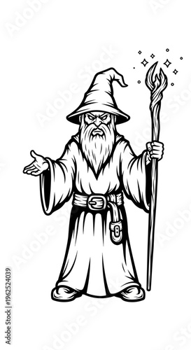 Black and White Illustration of a Fantasy Wizard Holding a Magic Staff