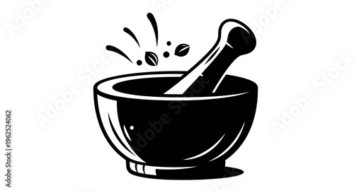 Black and White Illustration of a Mortar and Pestle Grinding Spices