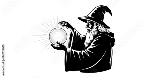 Black and White Illustration of a Wizard Casting Magic with a Glowing Crystal Ball