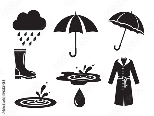 Black rain icons including umbrella and raincoat