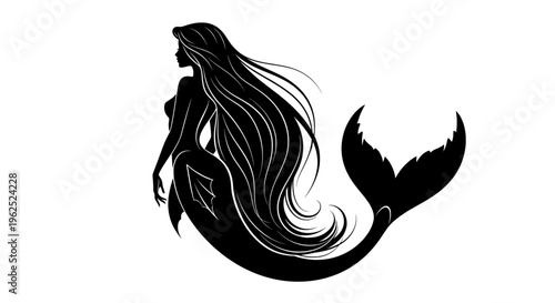 Silhouette of mermaid with flowing hair sitting on rock