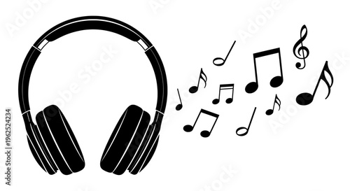 Minimal black and white headphones with scattered musical notes