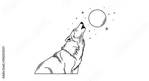 Wolf howling at moon under starry night sky