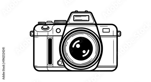 Minimalist black and white line drawing of smiling camera