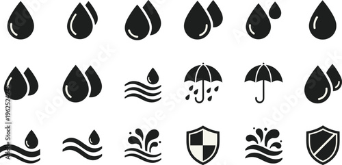 Water droplet icons, rain umbrella vector, waterproof shield illustration, splash symbol design, moisture protection artwork, fluidity graphic concept, flat vector illustration