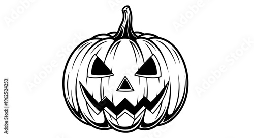 Black and white line drawing of a smiling Halloween pumpkin