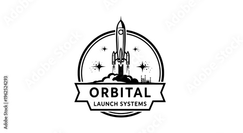 Rocket launching from pad surrounded by celestial bodies