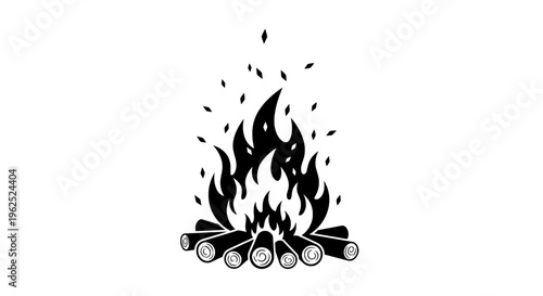 Minimalist black and white campfire with glowing embers and scattered sparks