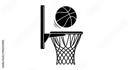 Black and white basketball hoop with ball mid dunk