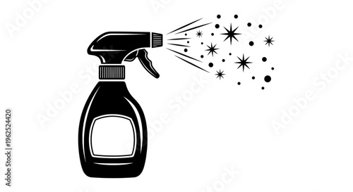 Black and white spray bottle with sparkling mist on white