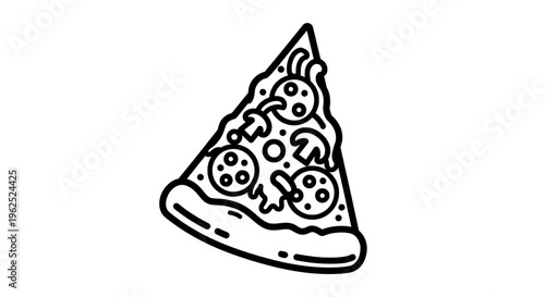 Minimalist black and white line drawing of pizza slice with toppings