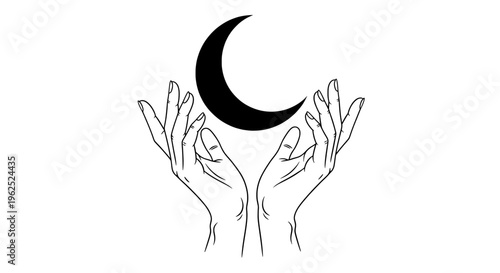 Two hands cradling a crescent moon in minimalist line