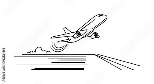 Black and white line drawing of airplane soaring over calm water