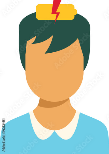 Person's head with a low battery icon and lightning bolt, symbolizing energy depletion