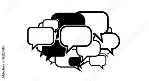 Black and white speech bubbles scattered in minimalist layout