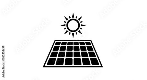 Black and white line drawing of solar panel with sun rays