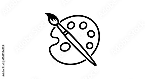 Minimalist black and white line drawing of paintbrush and palette