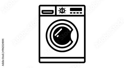 Minimalist black and white line drawing of a washing machine