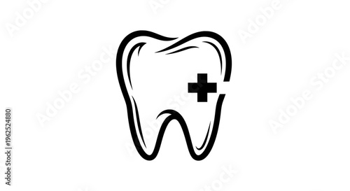 Minimalist black and white tooth with centered plus sign