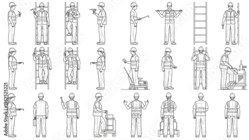 Construction Worker Human Scale Figures – AutoCAD Architectural CAD Blueprint Line Style Multi-Elevation Technical Drafting Layout