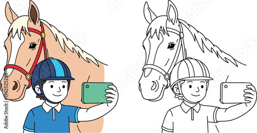 Boy Taking Selfie with Horse Cartoon Illustration and Coloring Page for Kids Equestrian Hobby Theme Vector Art