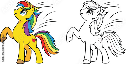 Cute Rainbow Pony Cartoon Illustration and Coloring Page for Kids Magical Yellow Horse Character Vector Art