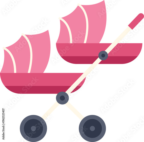Pink twin baby stroller on a white background representing childcare