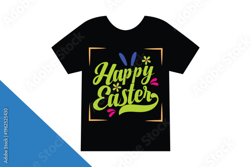 Happy Easter Typography T-Shirt Design with Bunny and Eggs, Colorful Lettering on Dark Background