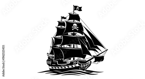 Black and White Pirate Ship Silhouette with Jolly Roger Flag