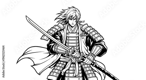 Black and White Samurai Warrior Holding Katana Sword Line Art Illustration