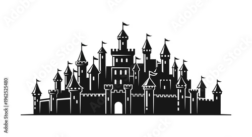 Black and White Silhouette Illustration of a Majestic Medieval Castle