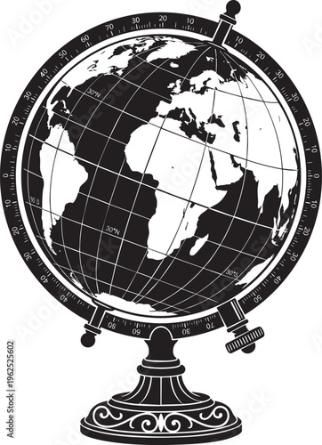 A detailed black and white graphic of a vintage style desktop globe showing continents and lines of latitude longitude