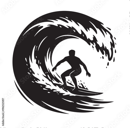 A black silhouette graphic showing a skilled surfer riding inside the barrel of a large crashing ocean water wave