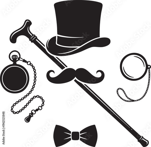 A collection of classic gentleman accessories featuring a tall top hat a walking cane a mustache and formal wear