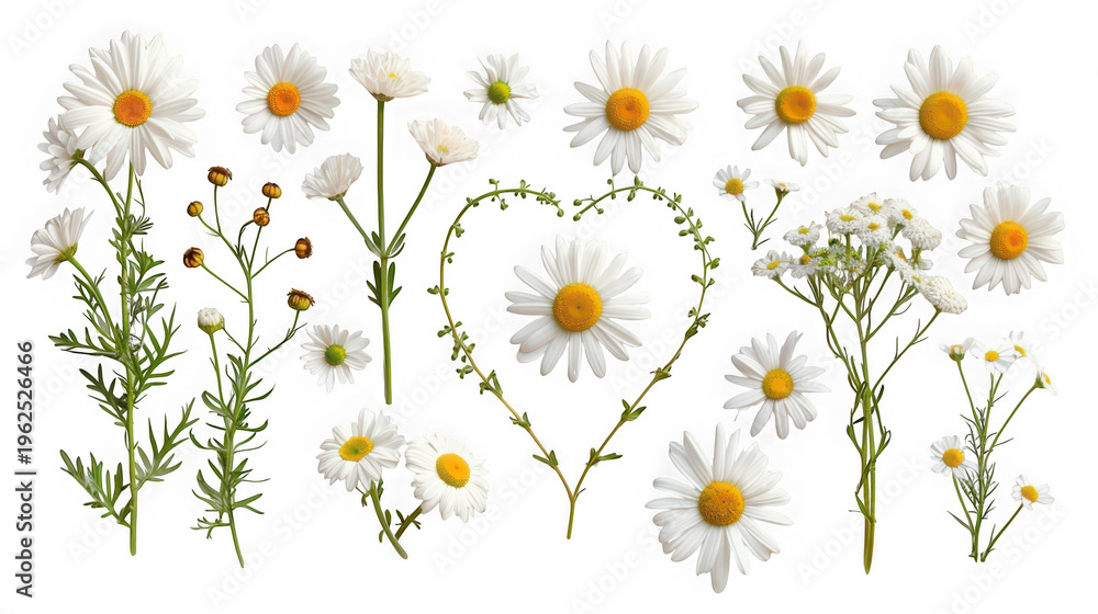 Obraz premium Daisy floral elements heart shape, isolated on transparent background