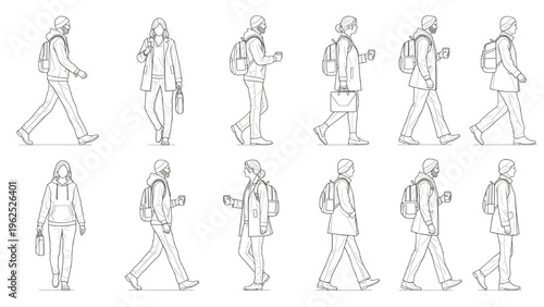 Urban Commuter Human Scale Figures – Walking with Backpacks and Coffee Cups AutoCAD Blueprint Top and Side Elevations