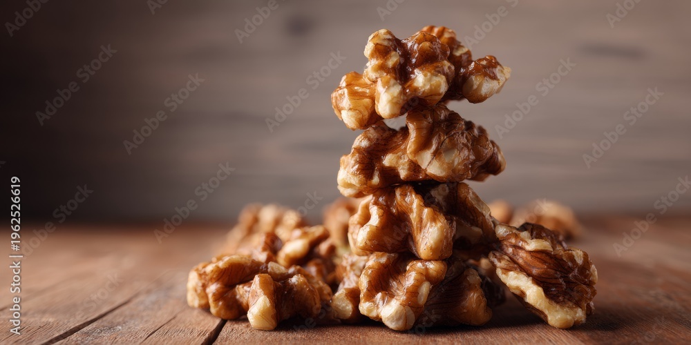 Fototapeta premium Crisp walnuts piled on rustic wooden surface. Rich brown shells gleam with natural texture. Each nut displays uneven, rugged, organic form. Warm lighting enhances depth and earthy tones