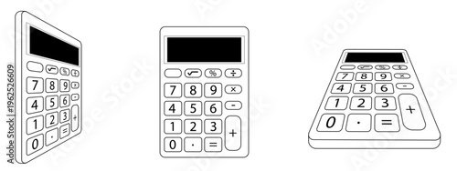 Ilustración de calculadora en blanco y negro. Icono de contabilidad y negocios. Vector para sitio web, folleto, app, diseño, gráfica y otros.