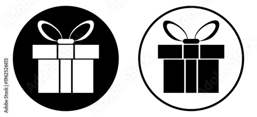 Icono circular en blanco y negro con caja de regalo. Ilustración con estilo minimalista. Vector para sitio web, Navidad, Cumpleaños, San Valentín, app, folleto y otros.