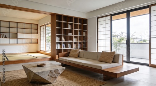 Ultra-Realistic Japandi Living Room: Spacious Modern Interior with Minimal Furniture, Vibrant Colors, and 8K Detail. Professional Commercial Photography.