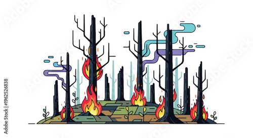 Forest fire illustration with burning trees and flames on white background