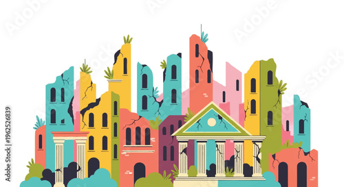 Colorful vector illustration of deteriorated buildings after a disaster