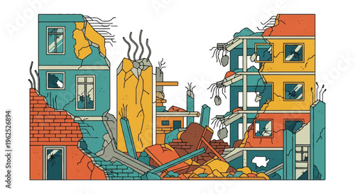 Illustrated depiction of damaged buildings aftermath of destruction