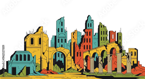 Colorful destroyed cityscape illustration on white background